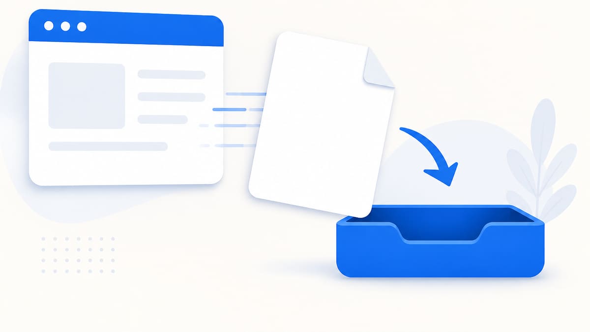 Editorial illustration of a text sheet leaving a browser card toward a download tray